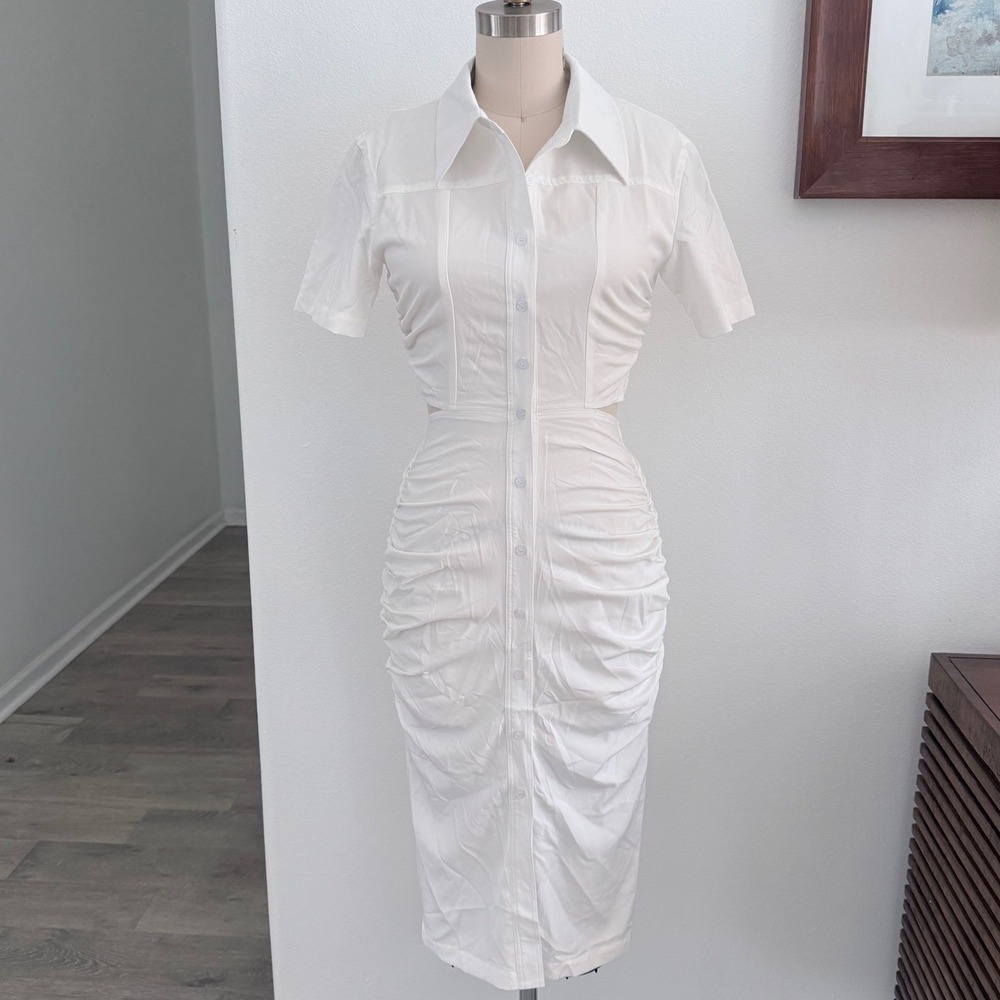 Fashion Nova White Ruched Cutout Button Down Midi Dress XS NWT